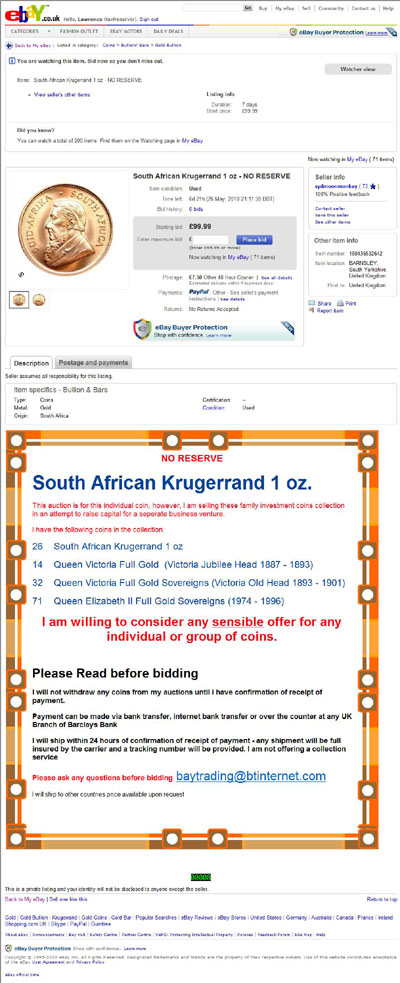 sydmoonmonkey eBay Listing Using our Krugerrand & Several Gold Sovereign Photographs